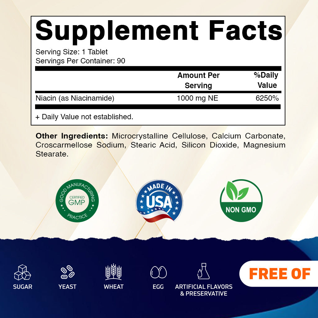 Vitamatic Niacinamide 1000 mg 90 Tablets - Flush Free Vitamin B3