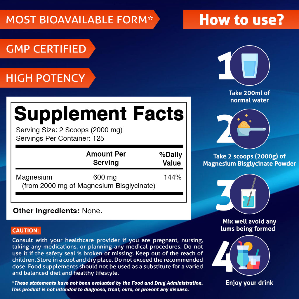 Magnesium Bisglycinate 250gram Powder - 250 Servings