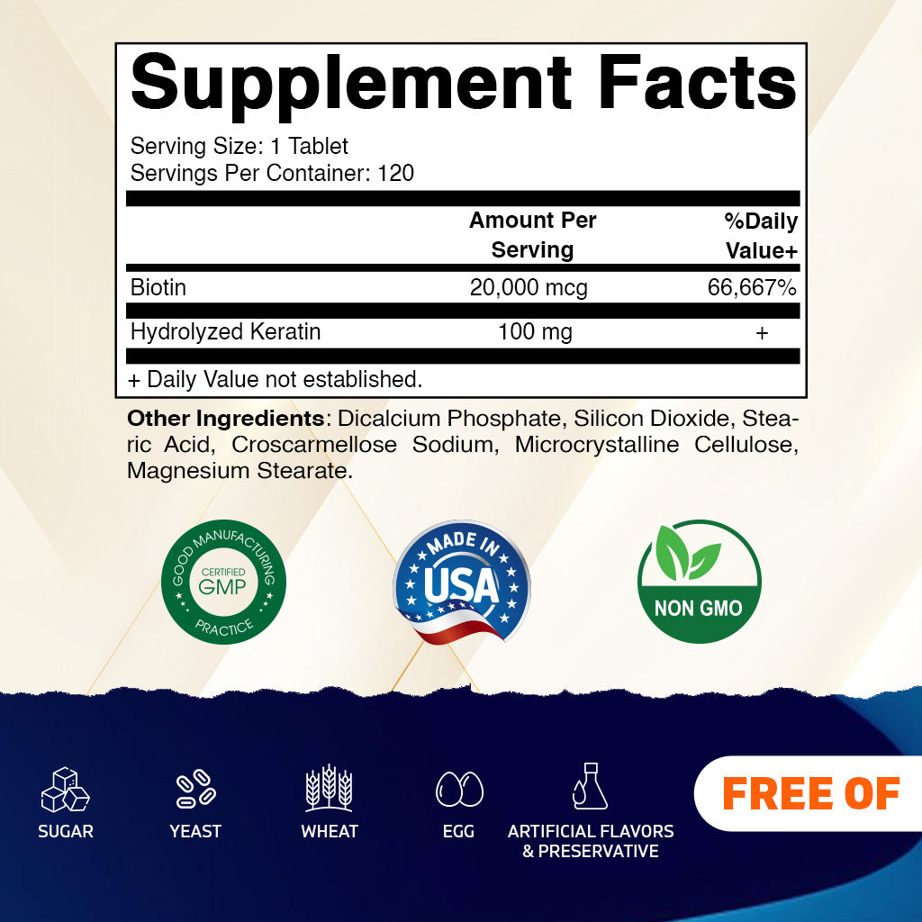 Biotin 20,000mcg with Keratin - 120 Vegetarian Tablets