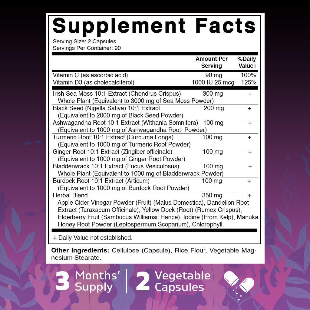 Sea Moss 3000mg with Black Seed Oil, Ashwagandha, Turmeric, Bladderwrack, Burdock - 180 Veg Capsules