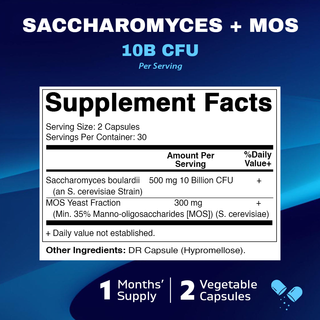 Saccharomyces Boulardii Probiotic 10B per Serving + Yeast Extract 300 mg- 60 DR Capsules