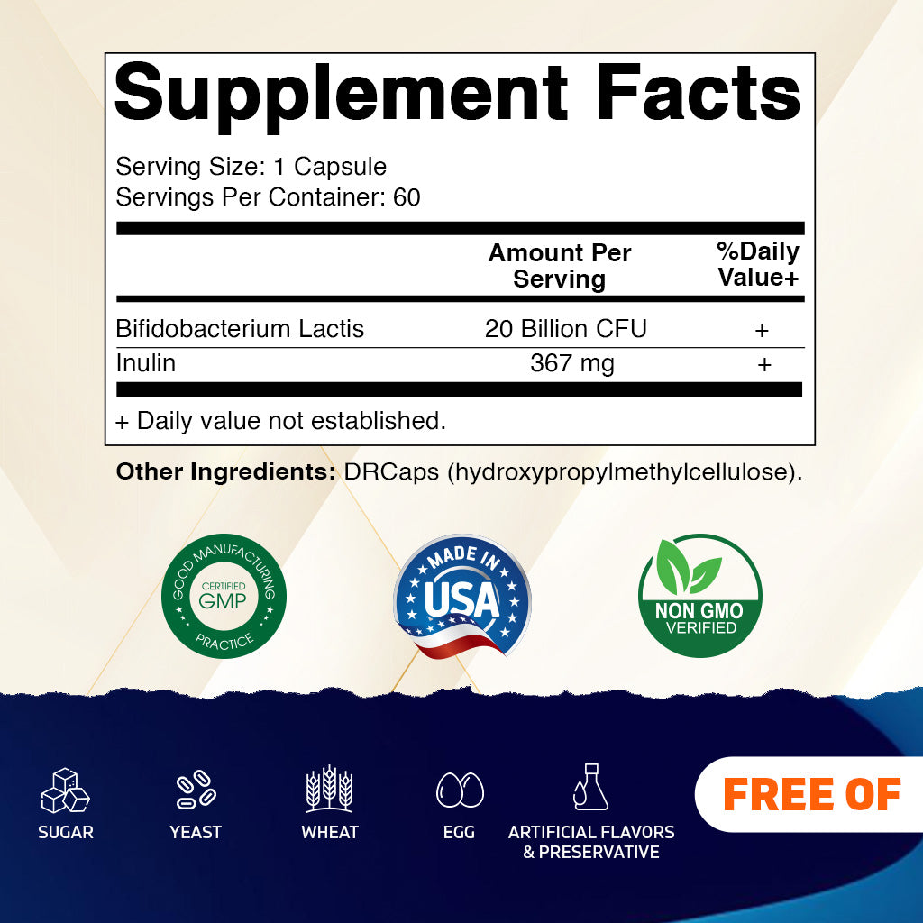 Vitamatic Bifidobacterium lactis - 20 Billion per DR Capsule - 60 Count - Digestive Support - Made with Prebiotic Inulin Fiber