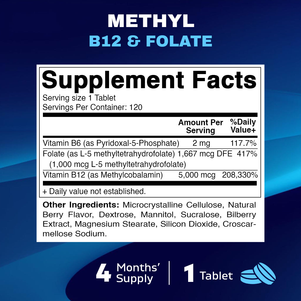 Methyl Folate & B12 Supplement with Pyridoxal 5 Phosphate 120 Fast Dissolve Tablets