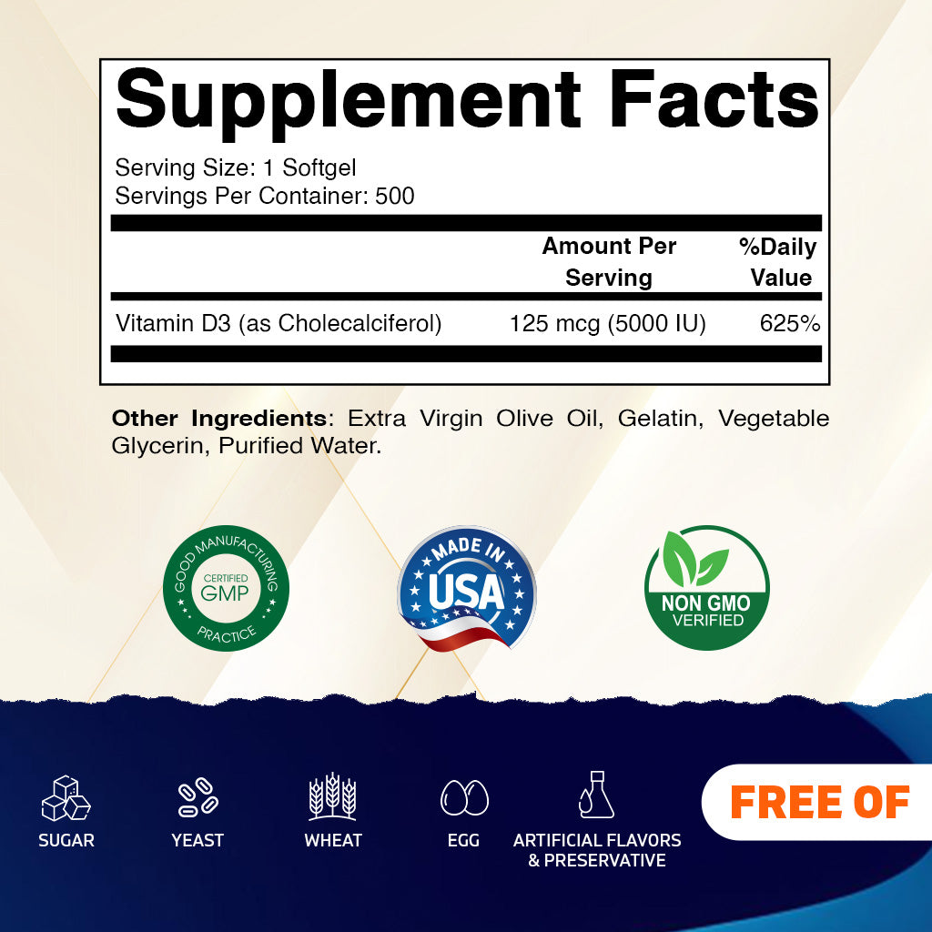 Vitamin D3 5000 IU (125 mcg) - 500 Softgels