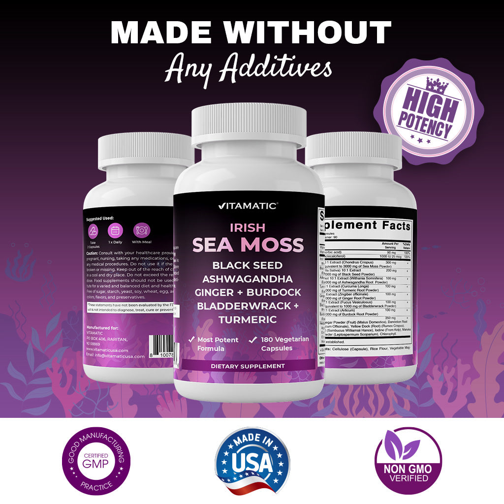 Sea Moss 3000mg with Black Seed Oil, Ashwagandha, Turmeric, Bladderwrack, Burdock - 180 Veg Capsules