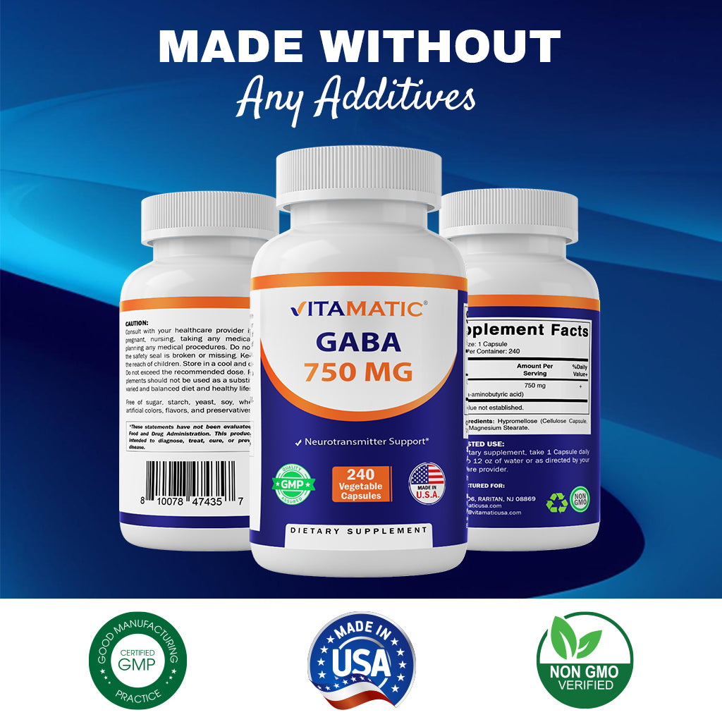 GABA (Gamma Aminobutyric Acid) 750mg - 240 Vegetable Capsules