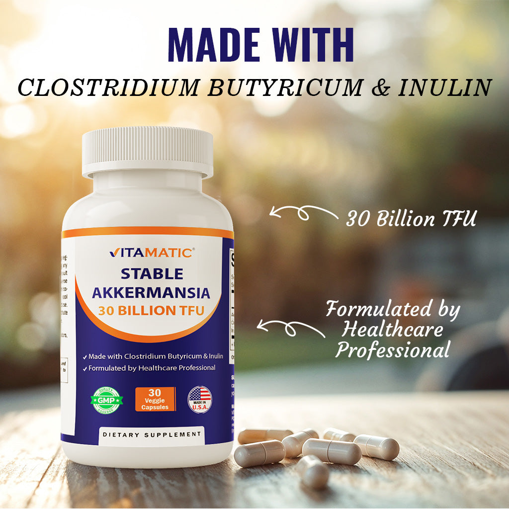 Akkermansia Muciniphila 30 Billion TFU + Clostridium Butyricum + Prebiotic Inulin - GLP-1 Probiotic - 30 Vegan Capsules