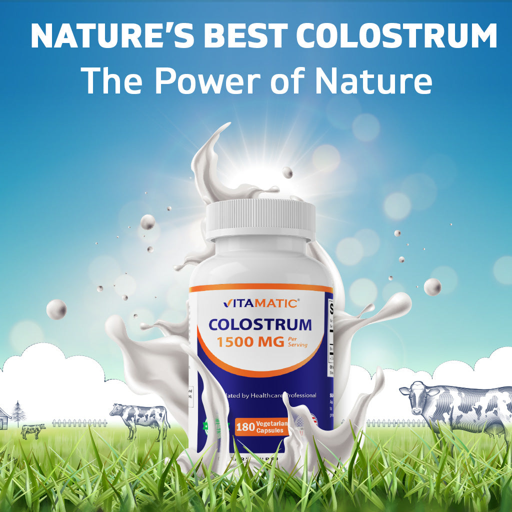 Vitamatic Bovine Colostrum Supplement 1500 mg per Serving-180 Veg Capsules