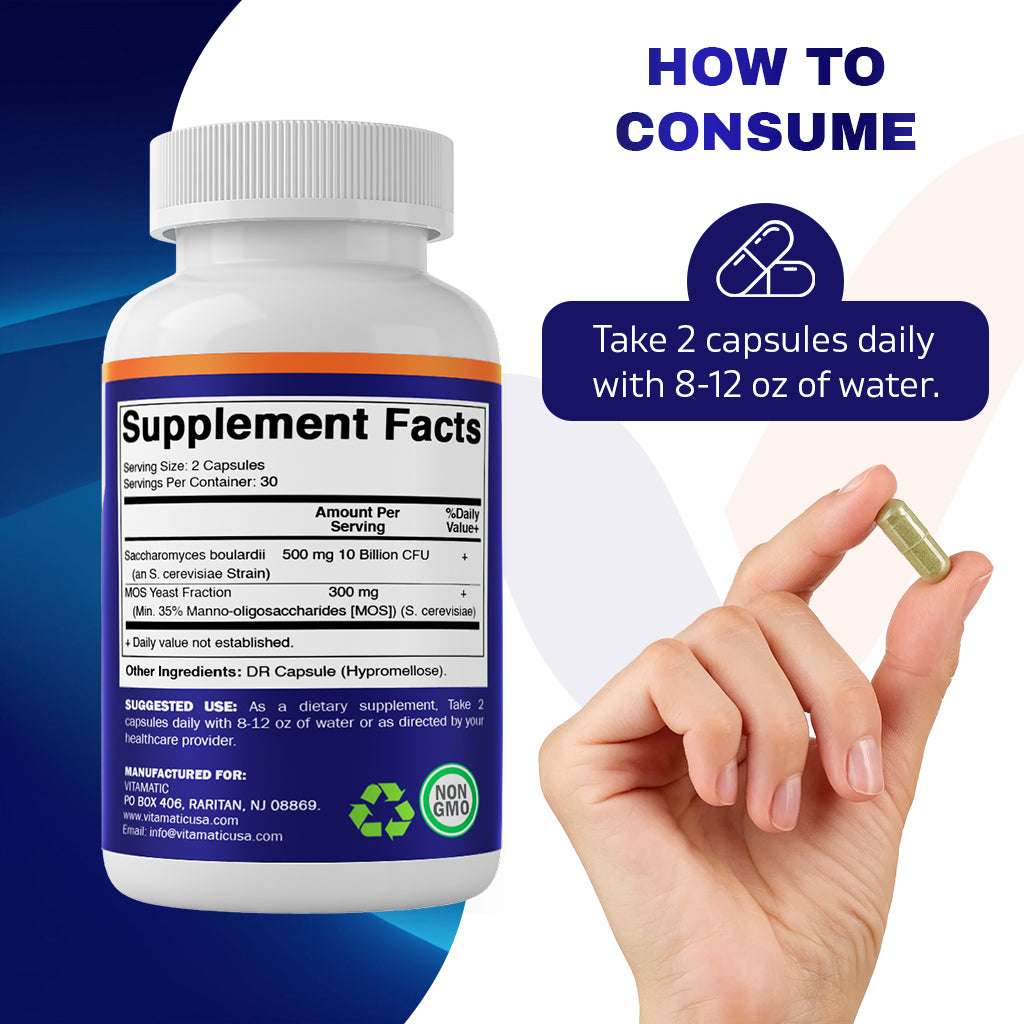 Saccharomyces Boulardii Probiotic 10B per Serving + Yeast Extract 300 mg- 60 DR Capsules