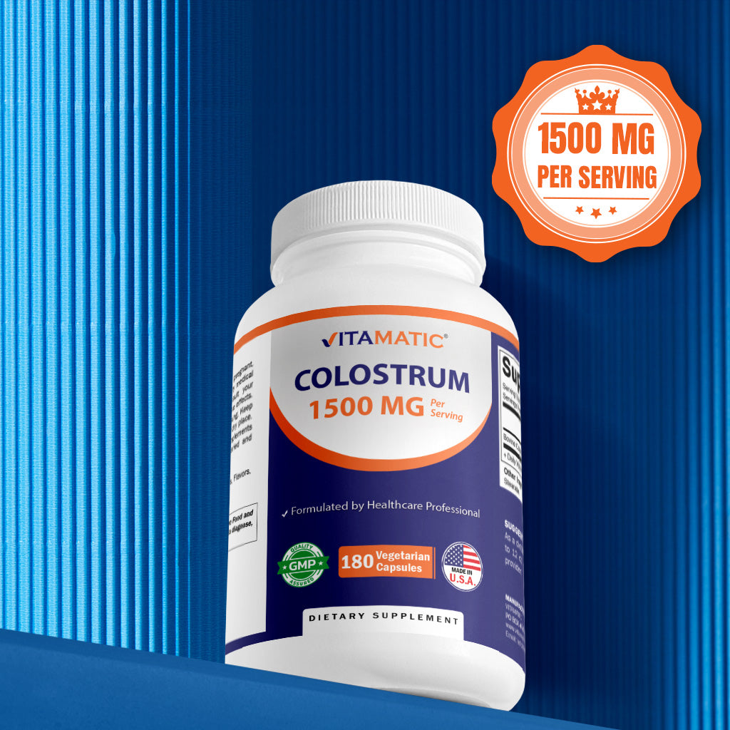 Vitamatic Bovine Colostrum Supplement 1500 mg per Serving-180 Veg Capsules