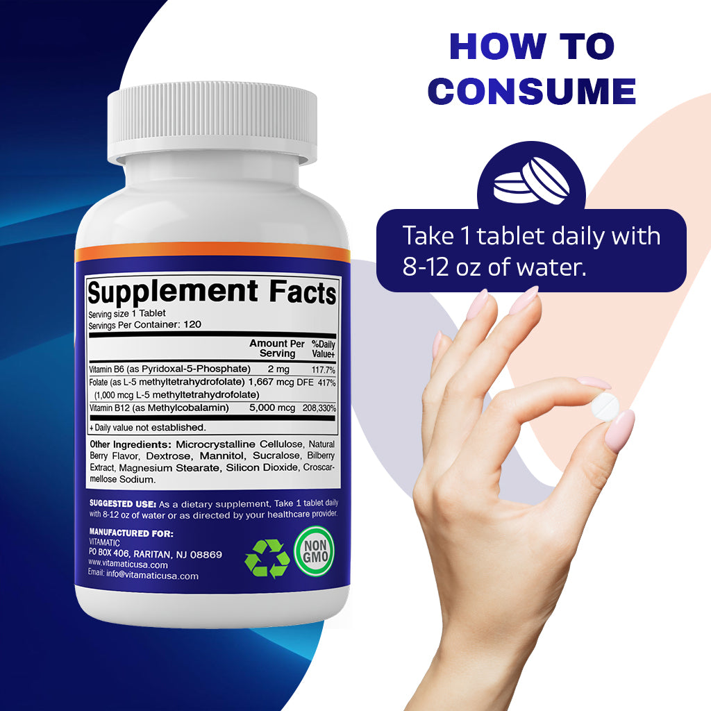 Methyl Folate & B12 Supplement with Pyridoxal 5 Phosphate 120 Fast Dissolve Tablets