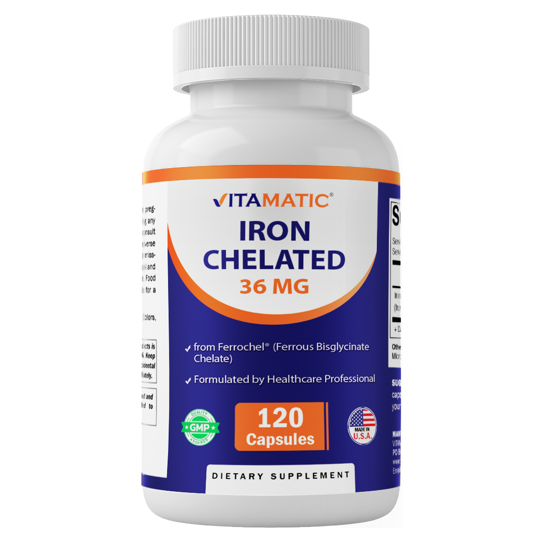 Chelated Iron 36 mg (from Ferrochel® Ferrous Bisglycinate Chelate) – 120 Veg Capsules