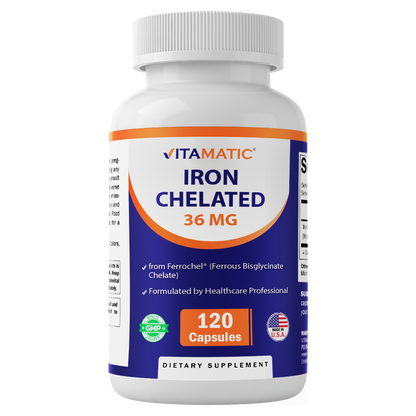 Chelated Iron 36 mg (from Ferrochel® Ferrous Bisglycinate Chelate) – 120 Veg Capsules