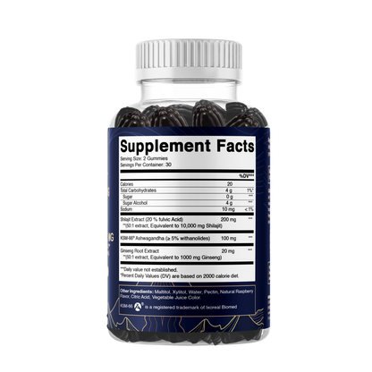 Shilajit with KSM-66® Ashwagandha & Ginseng 10,000 mg Equivalent Per Serving – Natural Raspberry Flavor – 60 Vegan Gummies