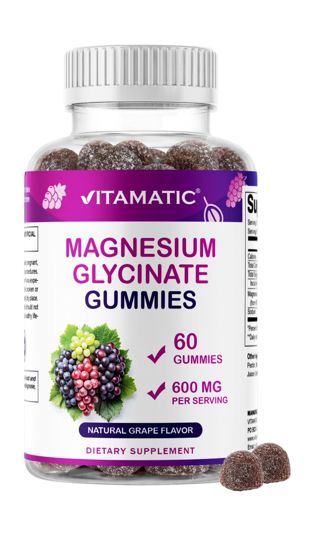 Magnesium Glycinate Gummies 600 mg per Serving – 60 Ct – Natural Grape Flavor