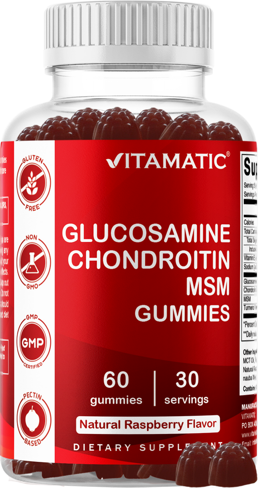  Vitamatic Glucosamine Chondroitin MSM Gummies bottle with natural raspberry flavor, 60 gummies and 30 servings.