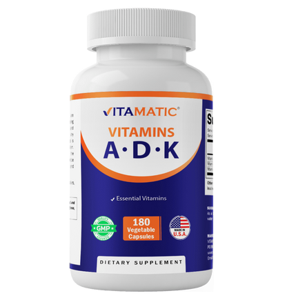 ADK Vitamin Supplement, 180 Veg Capsules (Vitamins A, D3, K2)