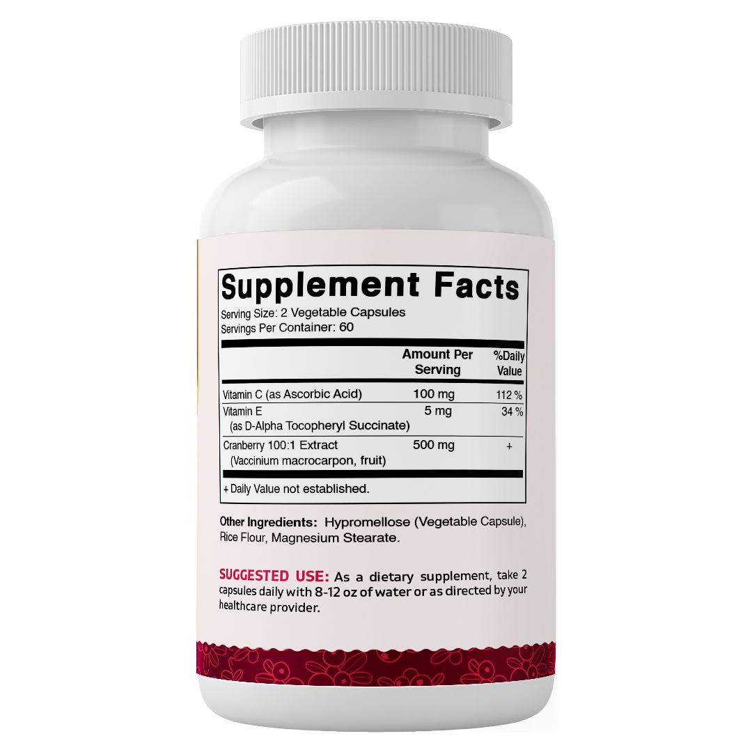Cranberry 500 mg 100:1 Extract (2 Capsules) with Vitamin C & E – 120 Veg Capsules