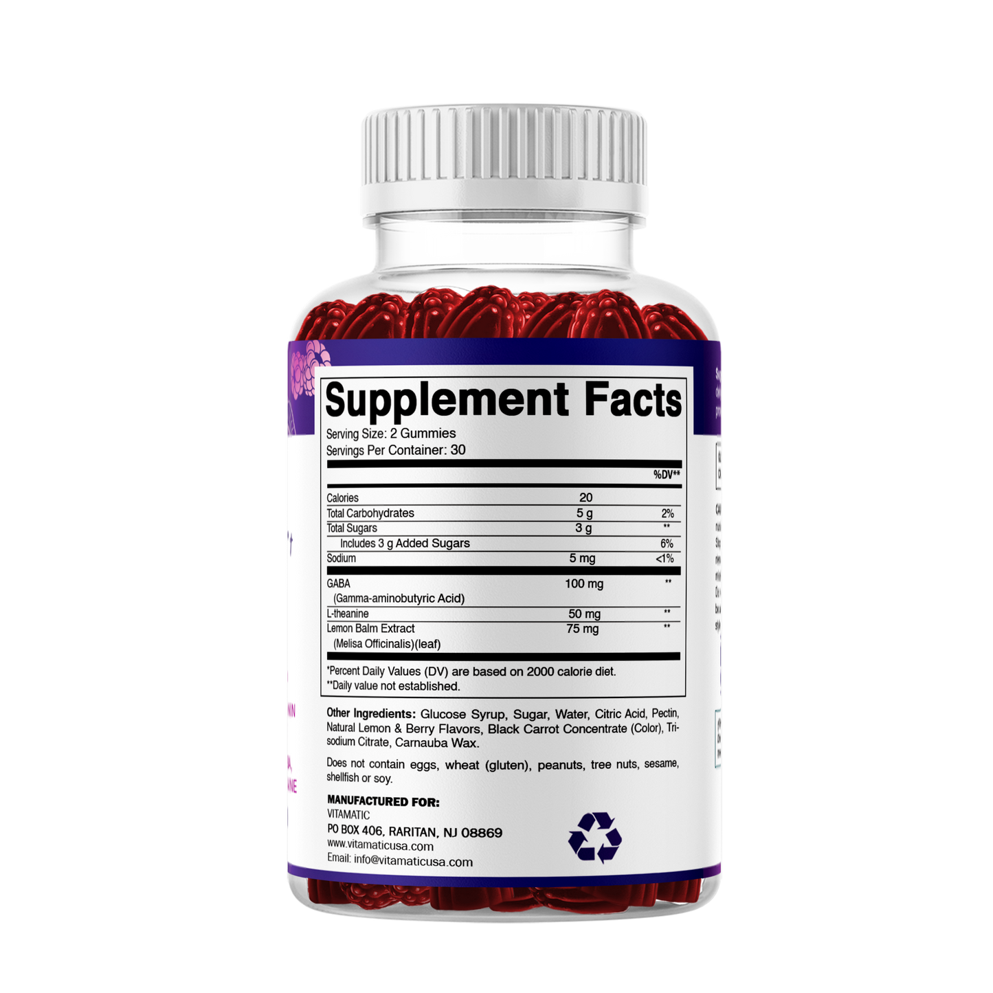 Vitamatic Stress Relief Gummies with GABA, L-Theanine, Lemon Balm – Lemon & Mixed Berry Flavor – 60 Gummies