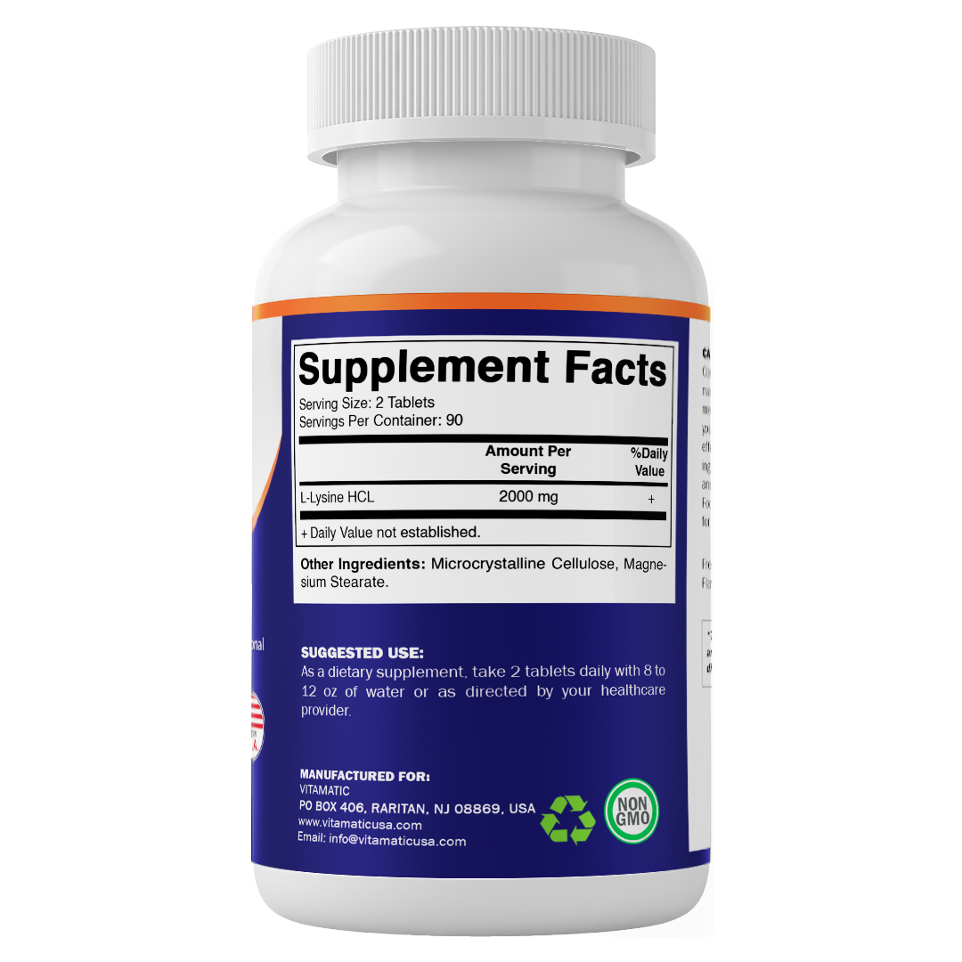 L-Lysine 2000 mg Per Serving | 180 Tablets | Essential Amino Acid Supplement