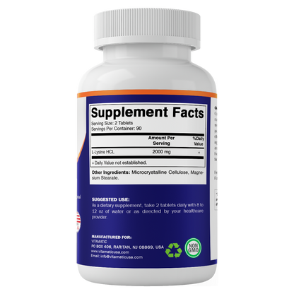 L-Lysine 2000 mg Per Serving | 180 Tablets | Essential Amino Acid Supplement
