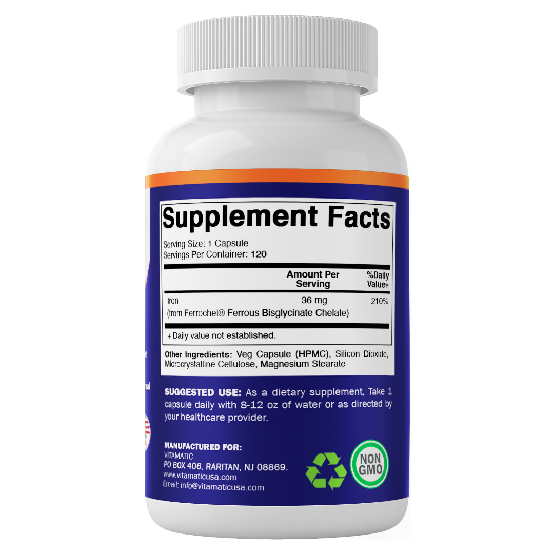Chelated Iron 36 mg (from Ferrochel® Ferrous Bisglycinate Chelate) – 120 Veg Capsules