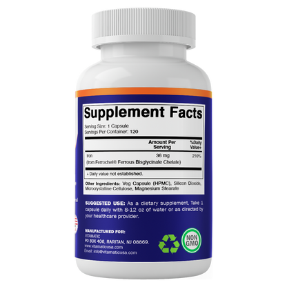 Chelated Iron 36 mg (from Ferrochel® Ferrous Bisglycinate Chelate) – 120 Veg Capsules