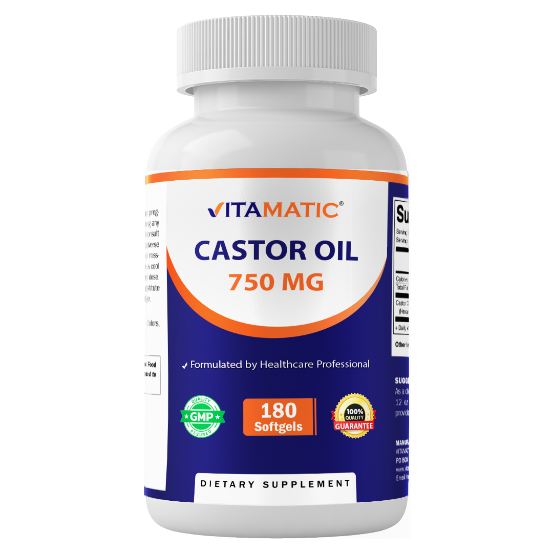 Vitamatic Castor Oil Softgels 750 mg | Cold Pressed | 180 Softgels | Easy-to-Swallow