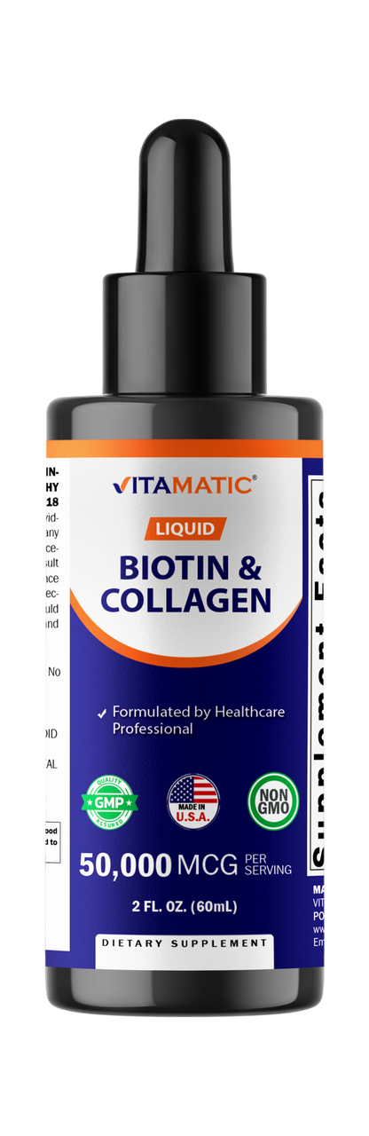 Vitamatic Liquid Biotin & Collagen for Hair Growth - Women & Men – Supports Glowing Skin, Healthy Hair & Nail Growth (2Fl Oz)