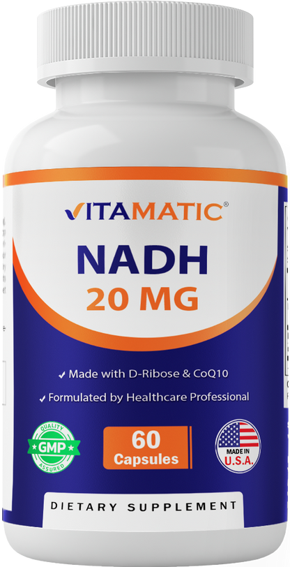 Vitamatic NADH 20mg with D-Ribose & CoQ10 – 60 Capsules, B-Nicotinamide Adenine Dinucleotide