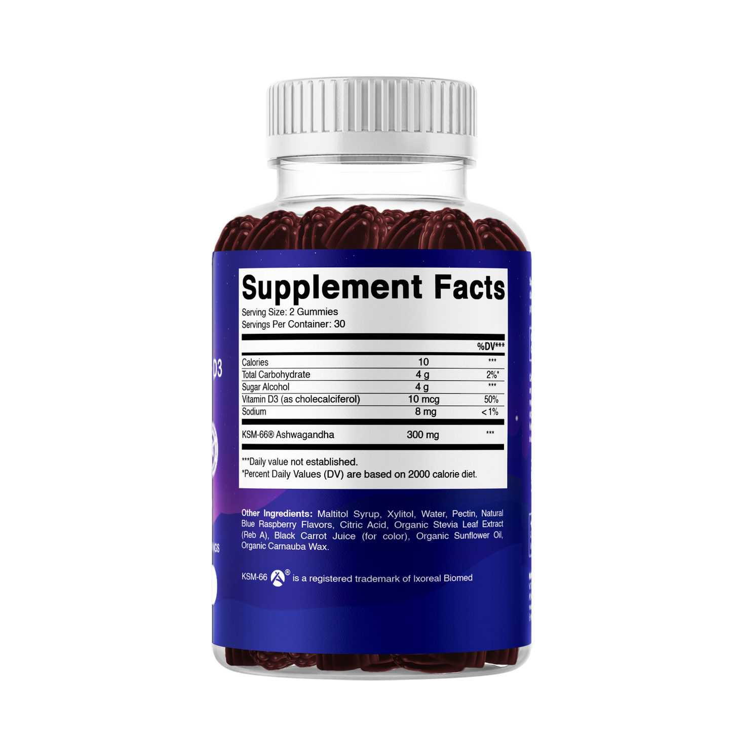 Vitamatic KSM-66® Ashwagandha + D3 Gummies – Natural Blue Raspberry Flavor – 60 Gummies