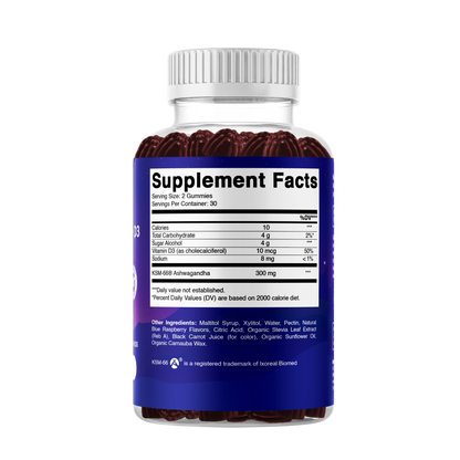 Vitamatic KSM-66® Ashwagandha + D3 Gummies – Natural Blue Raspberry Flavor – 60 Gummies