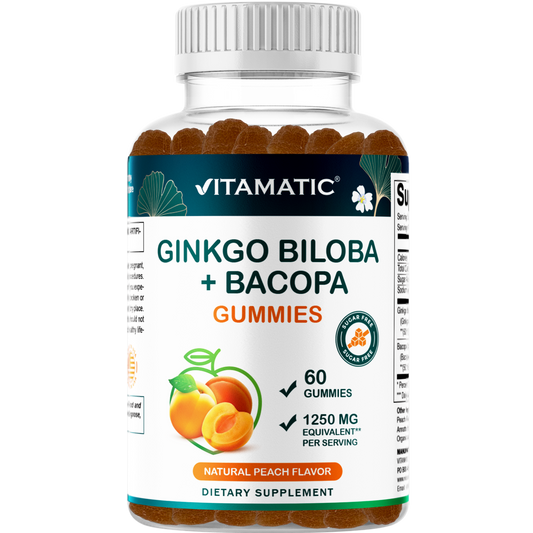 Ginkgo Biloba + Bacopa Gummies – 1250 mg Equivalent | Natural Peach Flavor | 60 Vegan Gummies