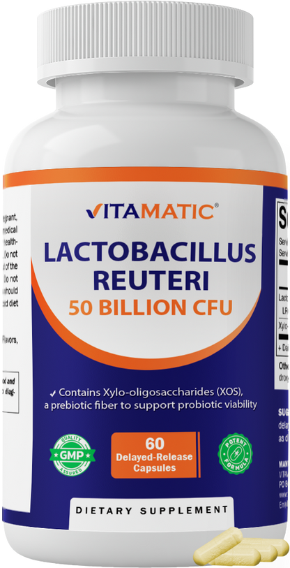 Vitamatic Lactobacillus Reuteri 50 Billion CFU with XOS Prebiotic, 60 Delayed Release Capsules