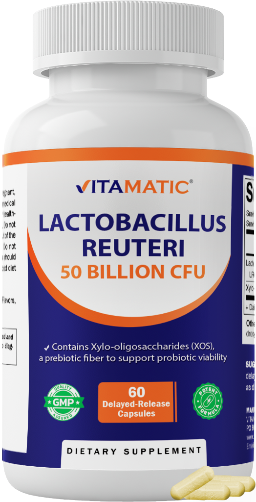 Vitamatic Lactobacillus Reuteri 50 Billion CFU with XOS Prebiotic, 60 Delayed Release Capsules