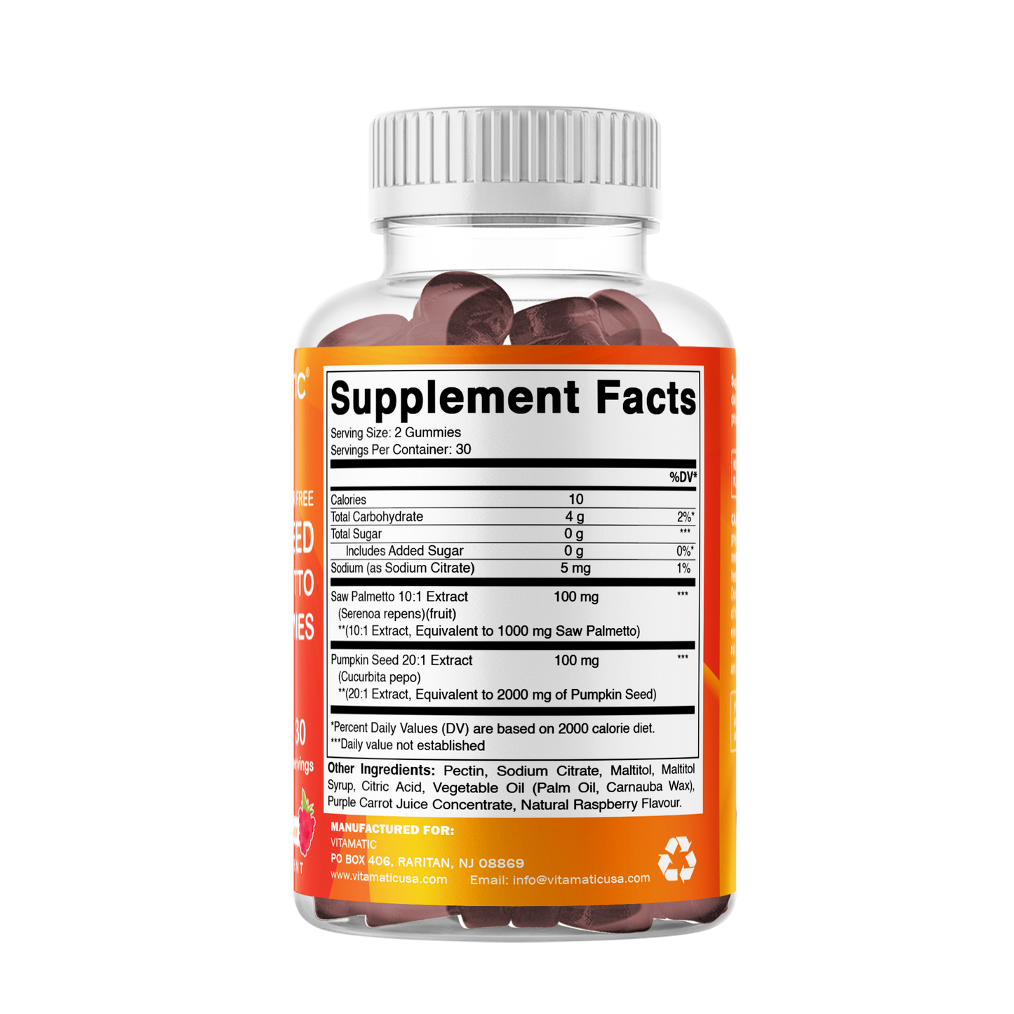 Sugar Free Pumpkin Seed 20:1 extract Gummies - Made with Saw Palmetto - Natural Raspberry Flavor - 60 Count