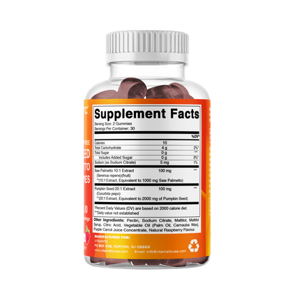Sugar Free Pumpkin Seed 20:1 extract Gummies - Made with Saw Palmetto - Natural Raspberry Flavor - 60 Count