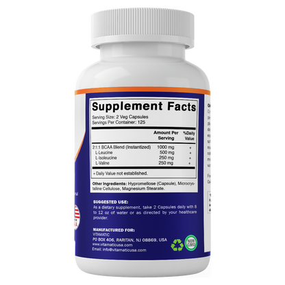 BCAA 1000 mg Per Serving (2:1:1) | 250 Veg Capsules