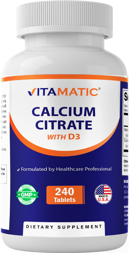 Vitamatic Calcium Citrate with Vitamin D3 – 240 Tablets – High Absorption Calcium Citrate with D3 – Non-GMO, Gluten-Free