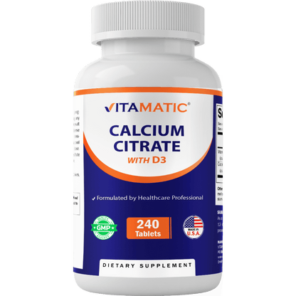 Vitamatic Calcium Citrate with Vitamin D3 – 240 Tablets – High Absorption Calcium Citrate with D3 – Non-GMO, Gluten-Free