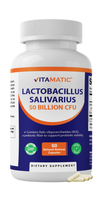 Vitamatic Lactobacillus Salivarius 50 Billion CFU with XOS Prebiotic, 60 Delayed Release Capsules