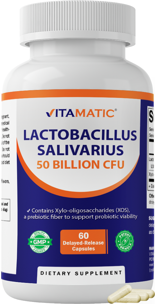 Vitamatic Lactobacillus Salivarius 50 Billion CFU with XOS Prebiotic, 60 Delayed Release Capsules
