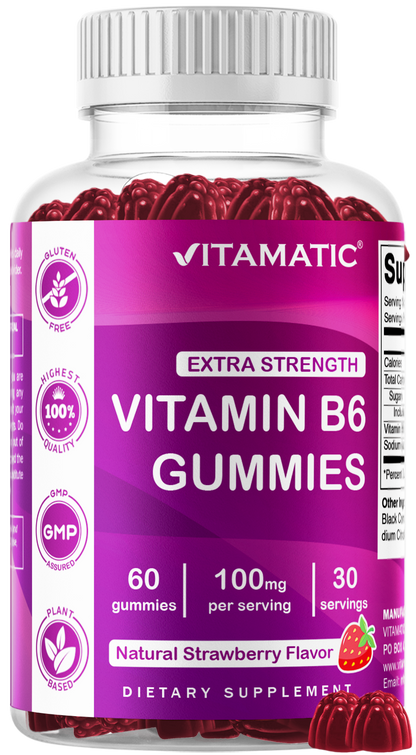 Vitamatic Vitamin B6 100mg Strawberry Gummies, 60 Count