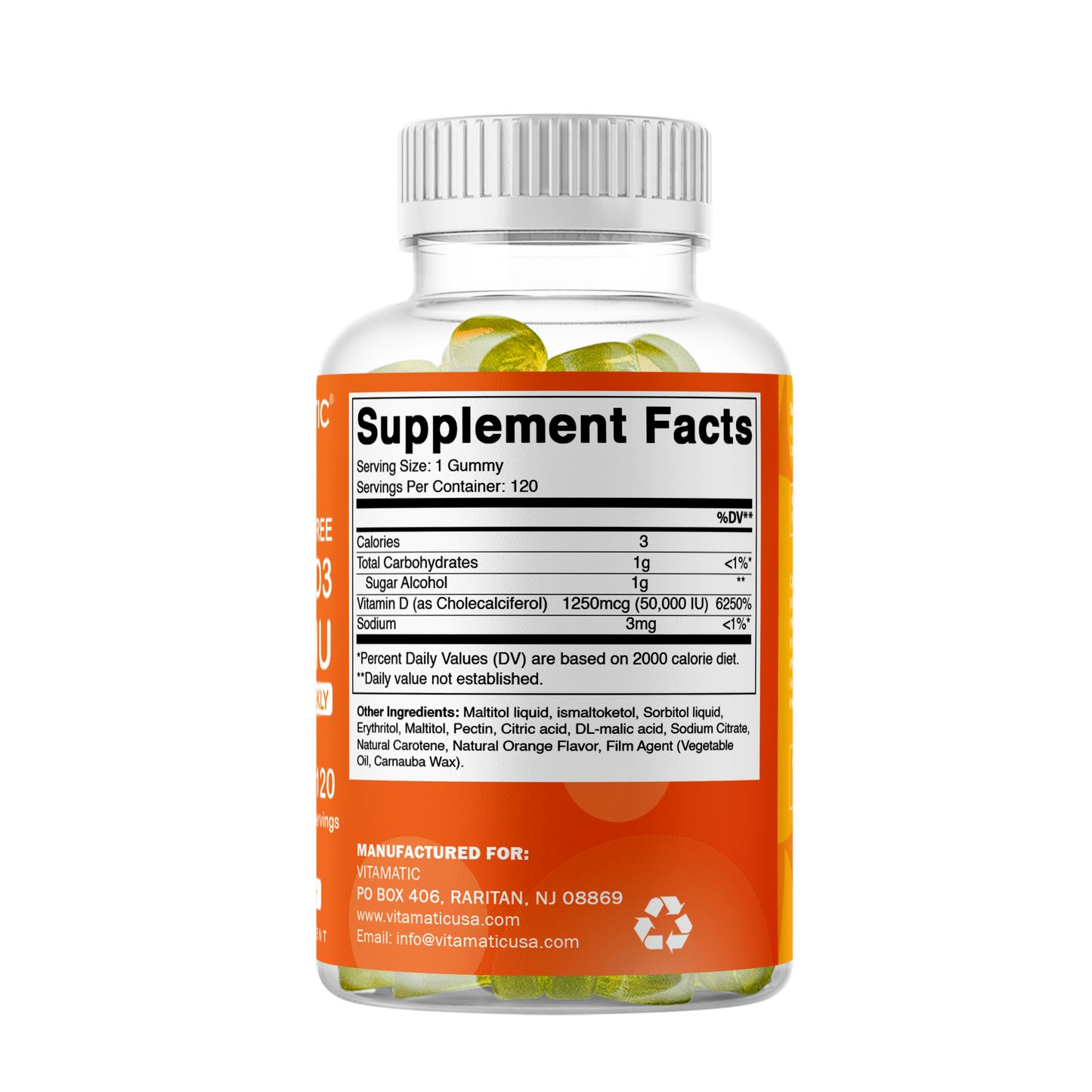 Sugar Free Vitamin D3 50000 IU Pectin Based - 120 Gummies