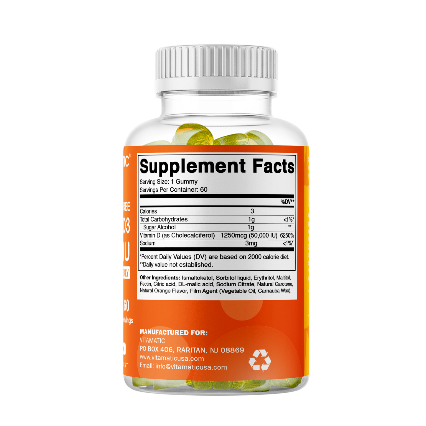 Sugar Free Vitamin D3 50000 IU Pectin Based - 60 Gummies