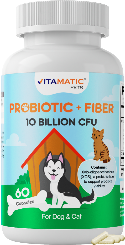 Vitamatic Pets Probiotic + Fiber for Dogs & Cats, 10 Billion CFU Multi-Strain Probiotic with XOS Prebiotic - 60 Delayed Release Capsules