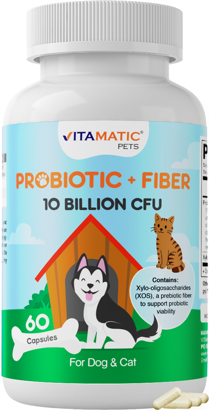 Vitamatic Pets Probiotic + Fiber for Dogs & Cats, 10 Billion CFU Multi-Strain Probiotic with XOS Prebiotic - 60 Delayed Release Capsules