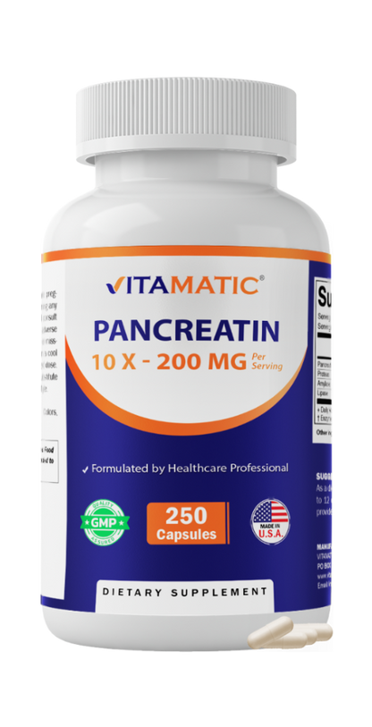 Pancreatin 10X Digestive Enzymes – 250 Capsules – Made with Protease 50,000 USP, Amylase 50,000 USP & Lipase 4,000 USP – Supports Protein, Carb & Fat Digestion – Non-GMO – Made in USA
