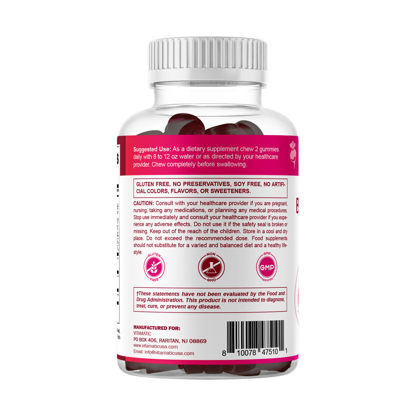 Vitamatic Beet Root Gummies with B6, B12, Grape Seed, Pomegranate & Nicotinamide – Plant-Based Extract – Vegan, Non-GMO – Botanical Supplement Gummies – 60 Count