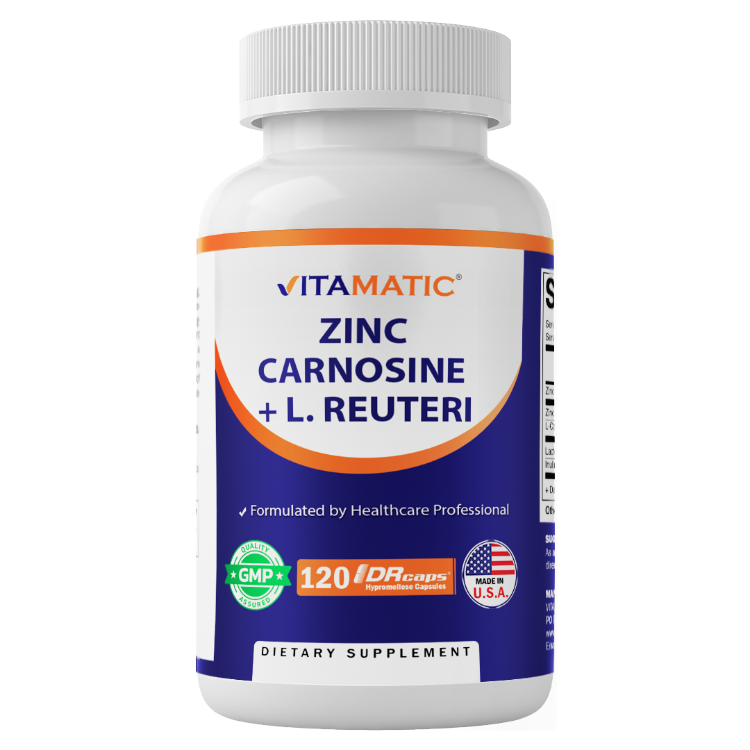 Zinc Carnosine with L. Reuteri 10 Billion CFU & Prebiotic Inulin 264 mg Digestive & Gut Health Support* - 120 Delayed-Release Capsules